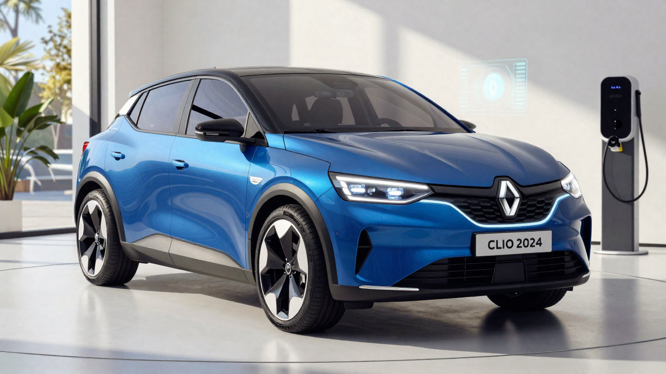 Carro elétrico Renault Clio 2024 azul estacionado próximo a estação de recarga moderna em ambiente interno.