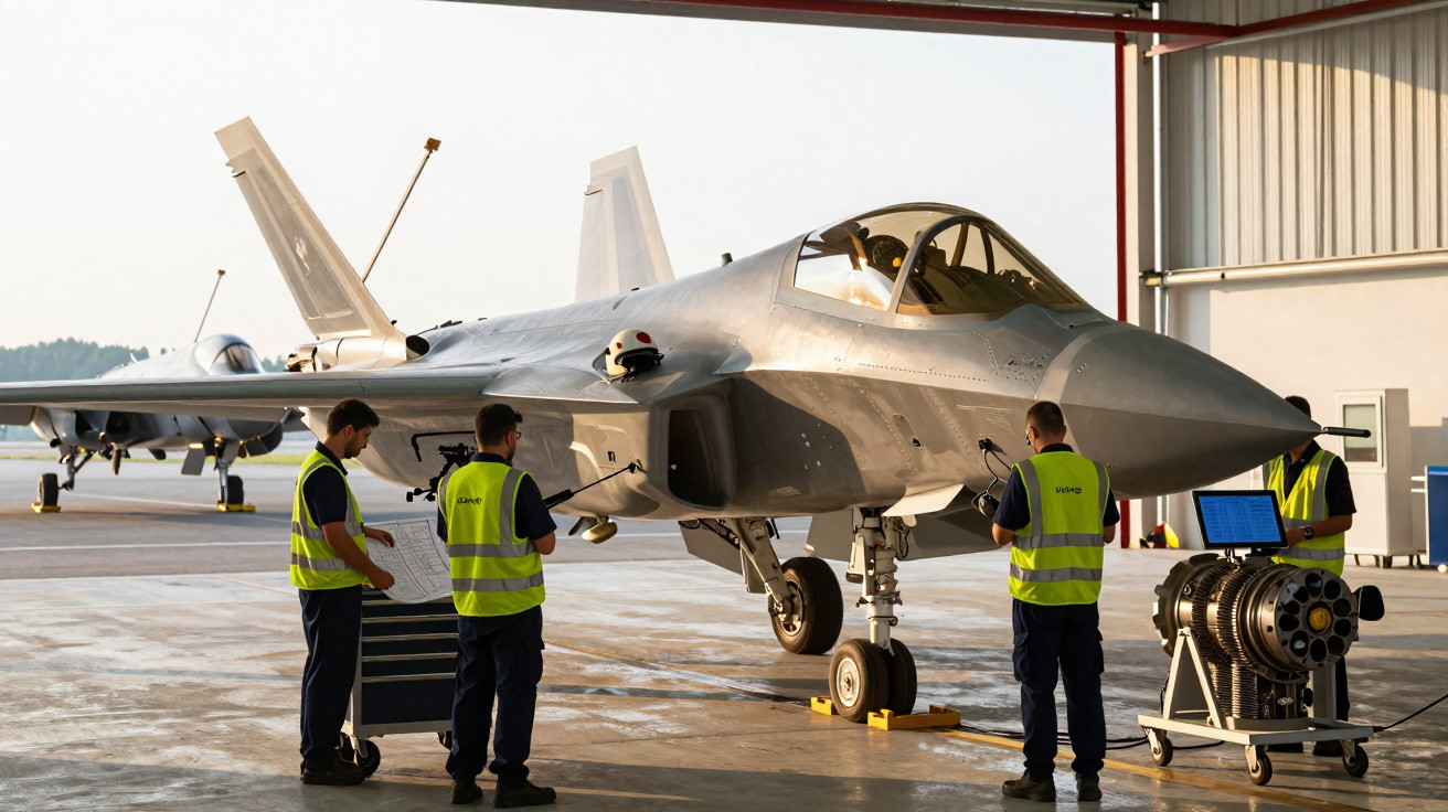 Quatro técnicos em colete amarelo realizam manutenção em avião militar em hangar iluminado pelo sol.