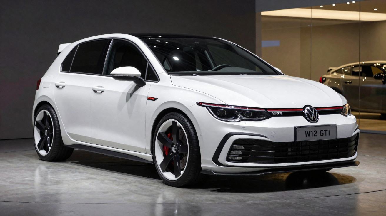Carro branco Volkswagen Golf GTI W12 em exposição, com rodas esportivas e detalhes em preto e vermelho.
