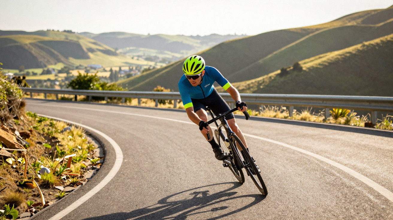 Ciclista com capacete amarelo e roupa azul pedalando em estrada curvada cercada por colinas ao entardecer.