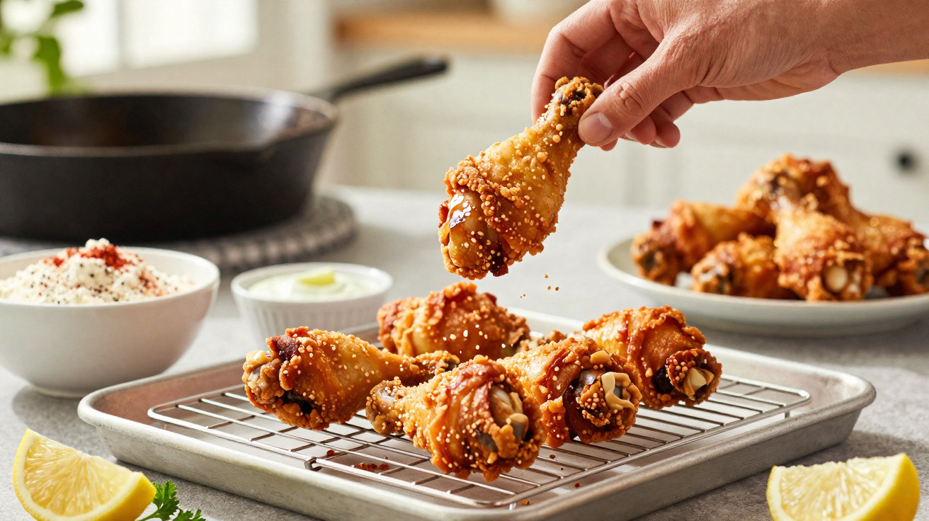 Perninhas de frango empanadas com sementes, algumas em uma grelha e uma sendo segurada por uma mão.