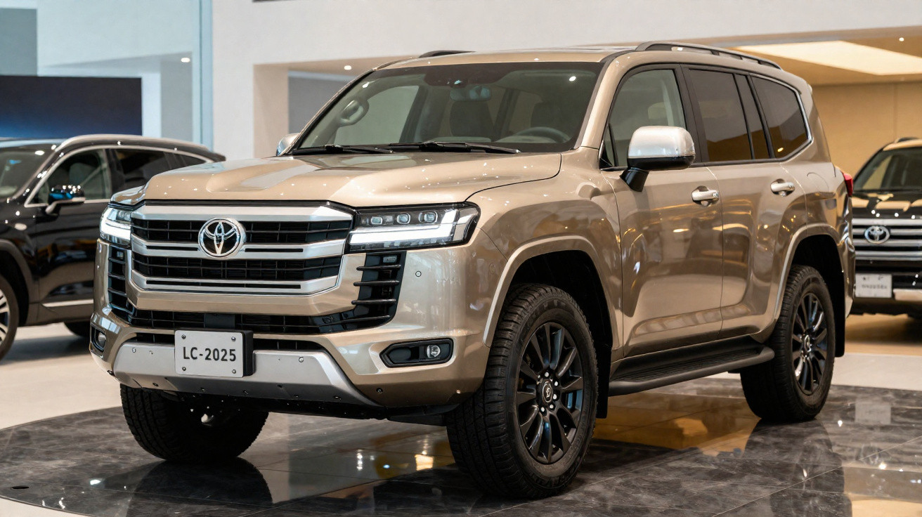 SUV Toyota Land Cruiser 2025 bege exposto em showroom moderno com piso de mármore escuro.
