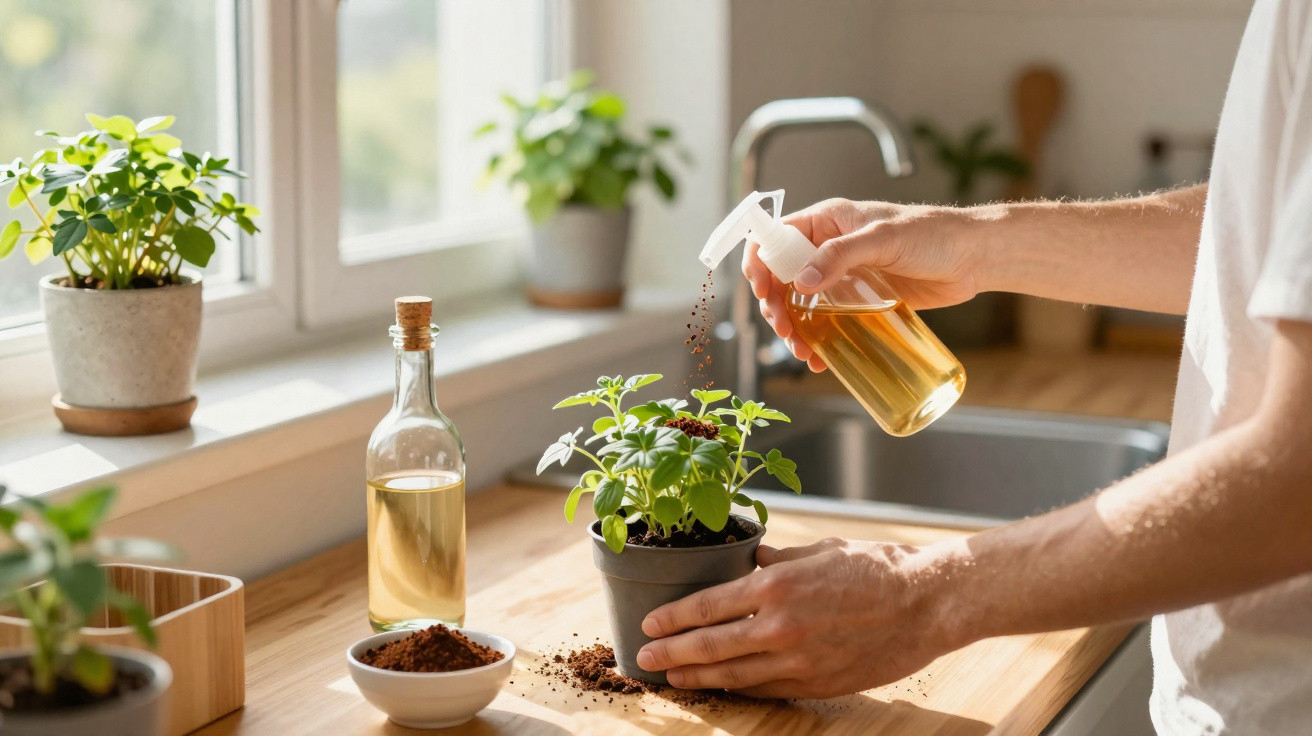 Pessoa regando planta em vaso preto sobre bancada de madeira em área iluminada por janela.