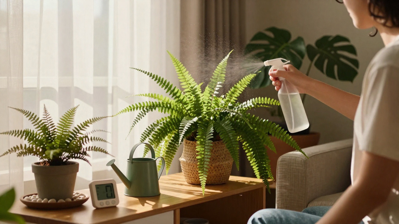 Pessoa borrifando água em planta samambaia em sala iluminada, com regador e relógio na mesa.