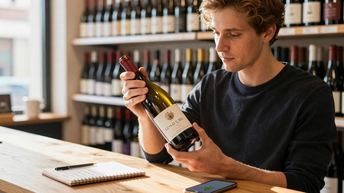 Homem segurando e observando rótulo de vinho em loja com prateleiras cheias ao fundo.