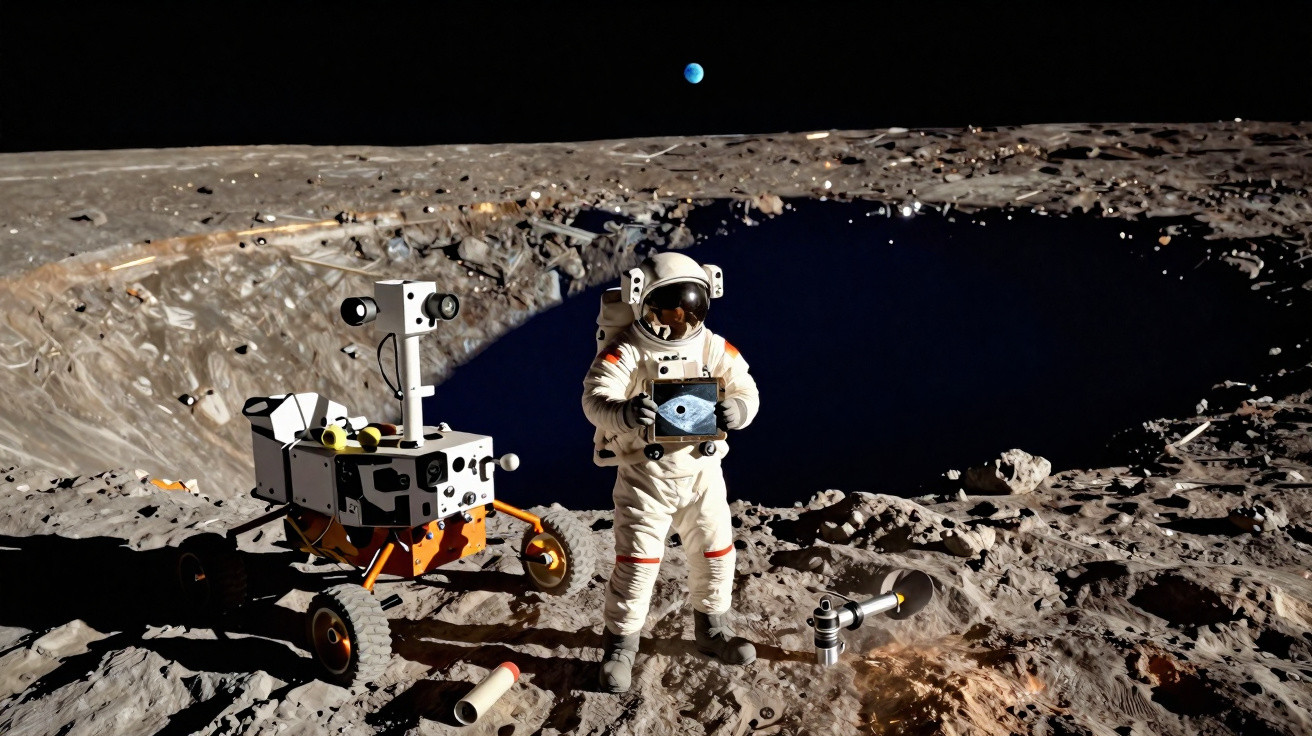 Astronauta em traje espacial segurando dispositivo, ao lado de rover, na superfície lunar com Terra ao fundo.