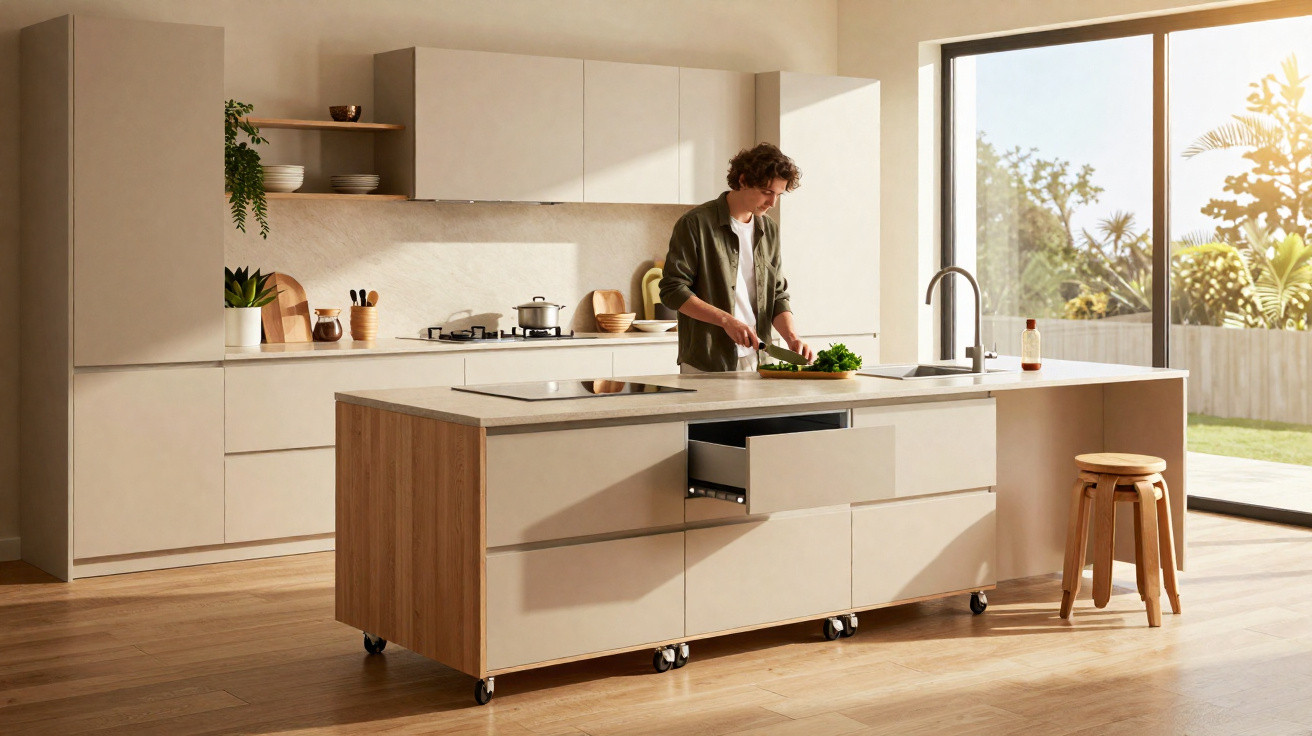 Cozinha moderna clara com ilha, homem cortando legumes e grande janela com vista para jardim ensolarado.