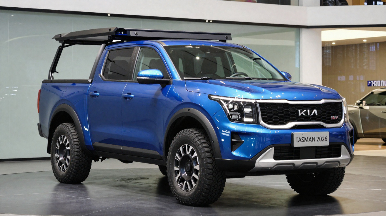 Picape azul Kia Tasman 2026 exibida em showroom, com design robusto e pneus grandes.