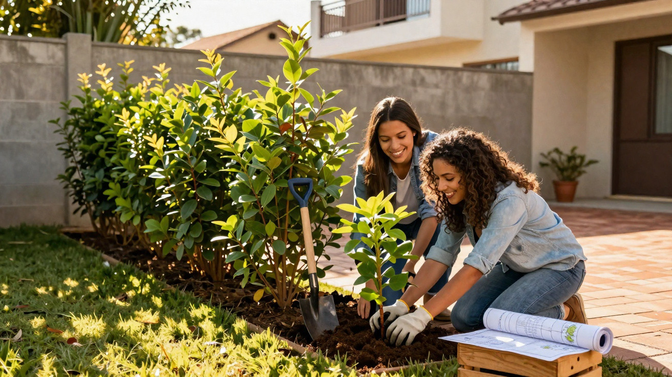 Duas mulheres plantando uma muda em jardim com plantas e ferramentas próximas em área residencial.