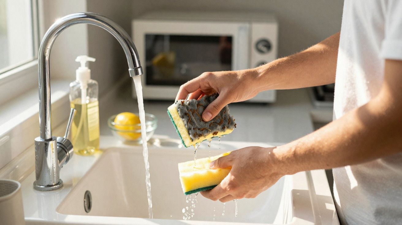 Pessoa lavando esponja amarela e verde na pia da cozinha com torneira aberta e dispenser de sabão líquido.
