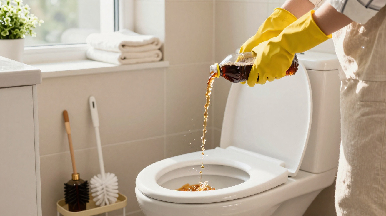 Pessoa com luvas amarelas despejando refrigerante em vaso sanitário branco em banheiro claro e limpo.