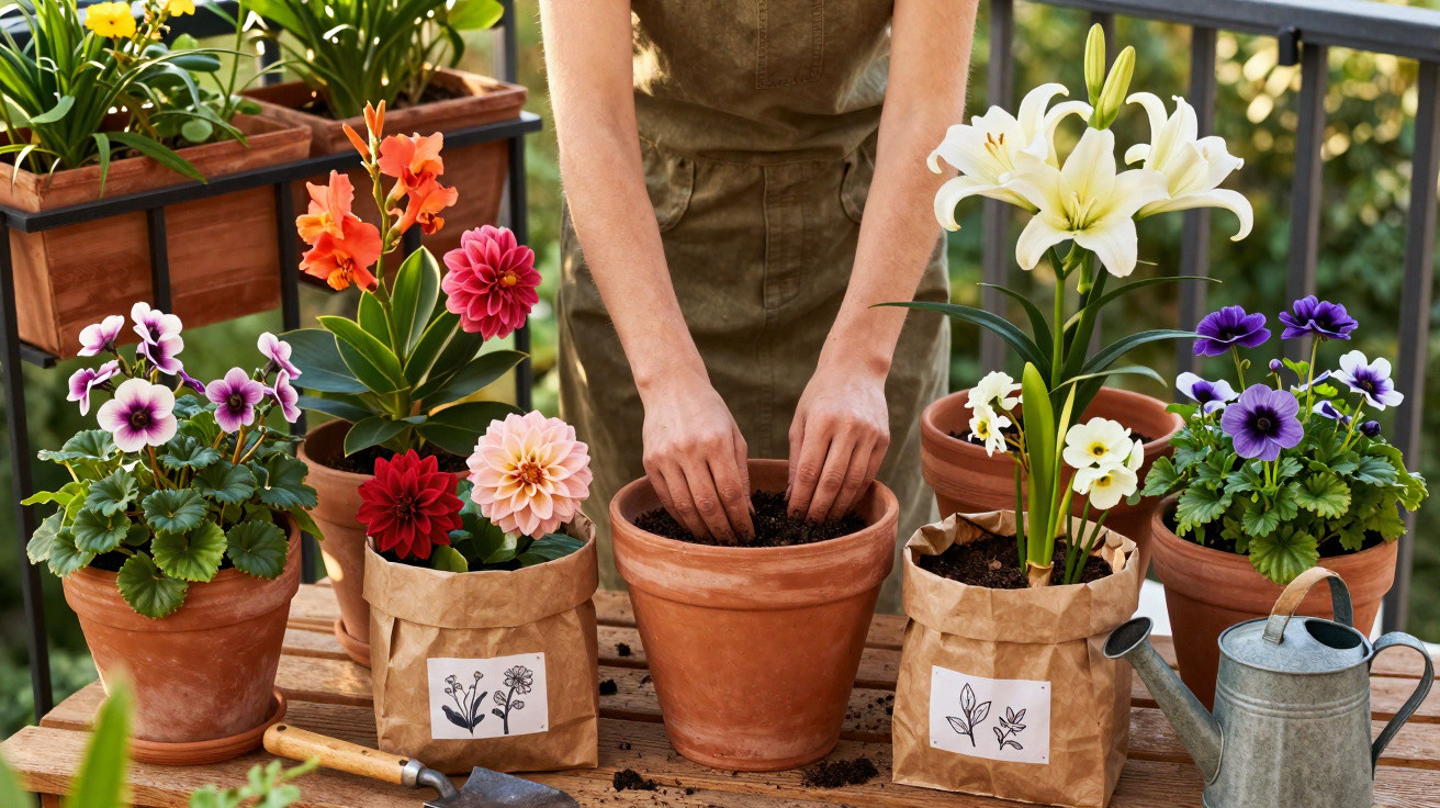 Pessoa plantando em vaso de barro cercada por flores coloridas em sacos de papel e regador metálico.