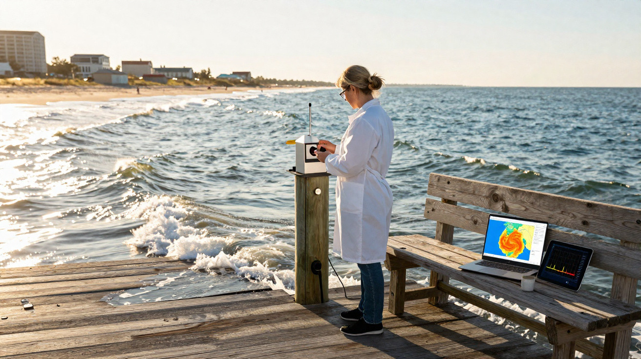 Mulher cientista em jaleco coleta dados em estação meteorológica na beira do mar ao pôr do sol.