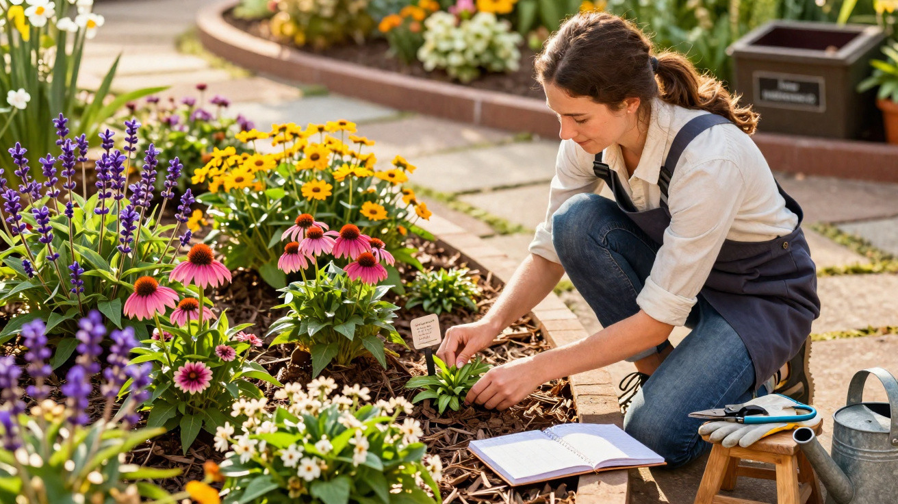 Mulher cuidando de plantas floridas em jardim, ajoelhada com ferramentas e caderno ao lado.