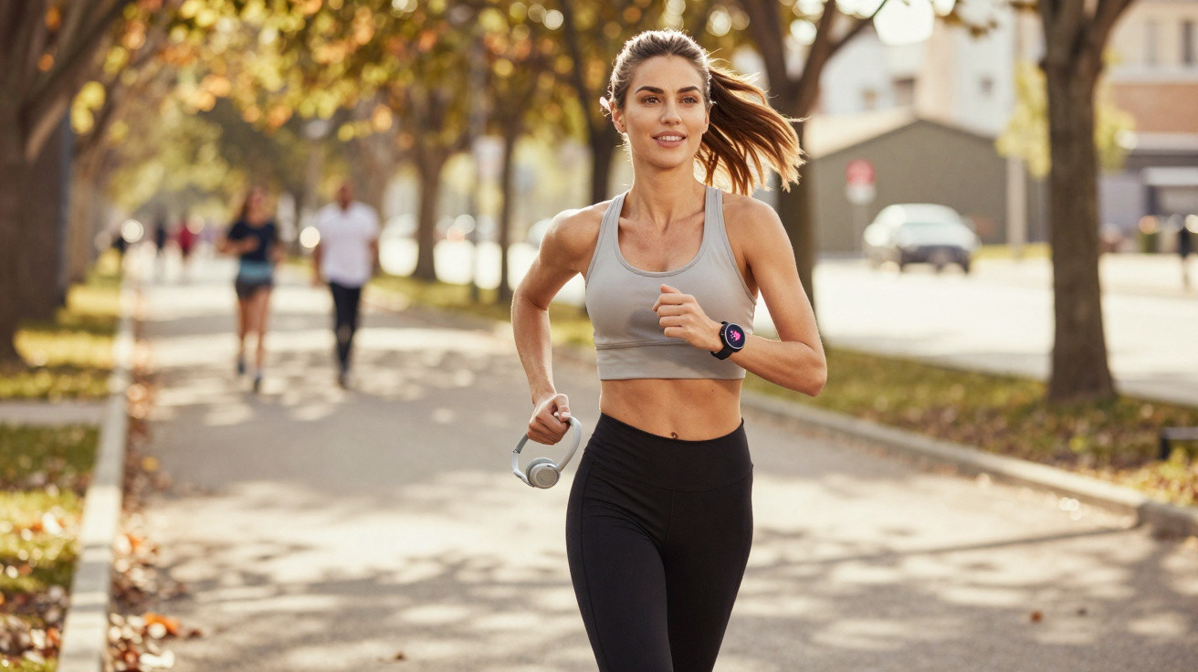 Mulher jovem correndo em parque urbano com roupa esportiva e relógio fitness, sorrindo.