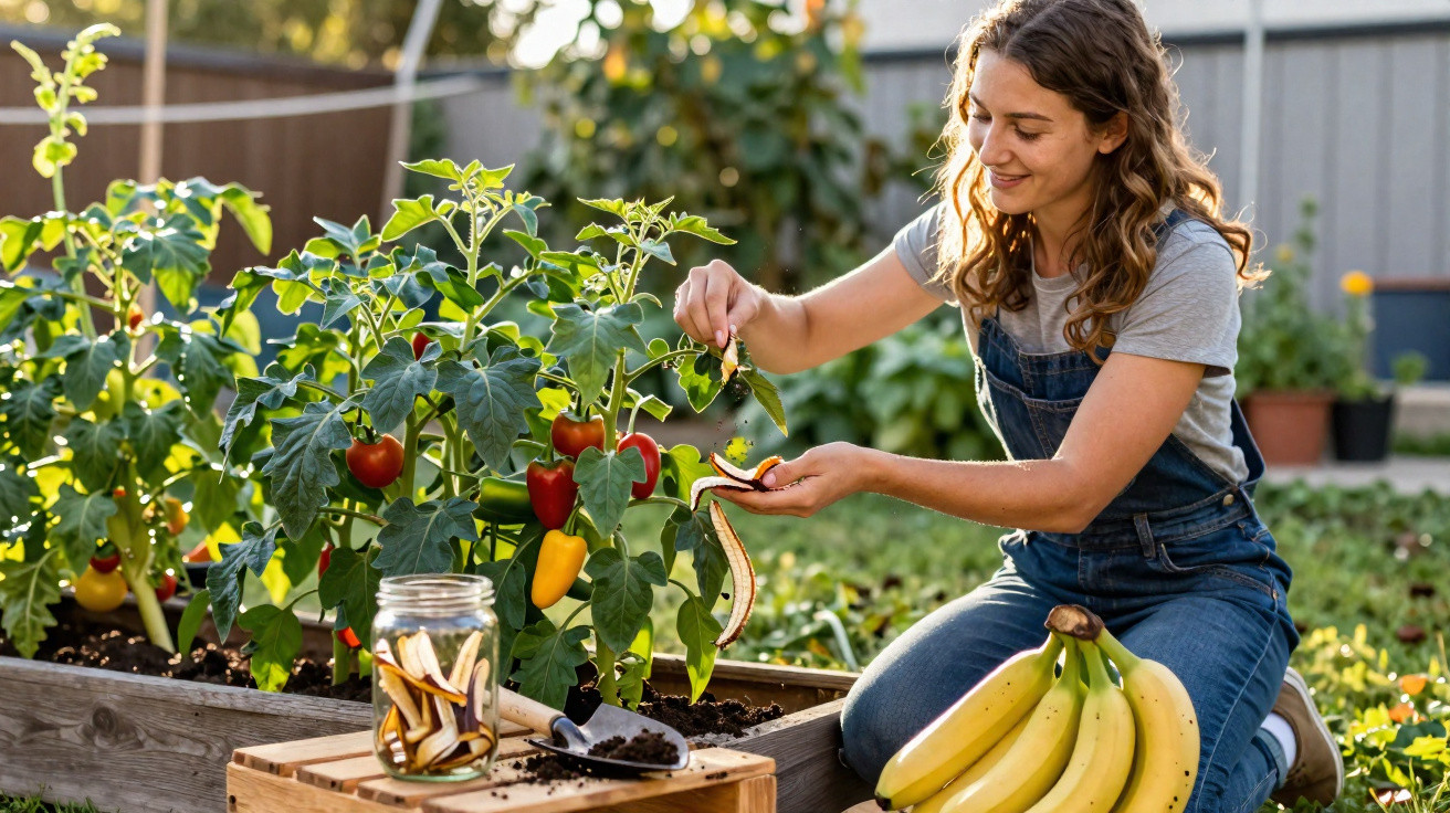Mulher colhendo vegetais em horta caseira com bananas ao lado em dia ensolarado.