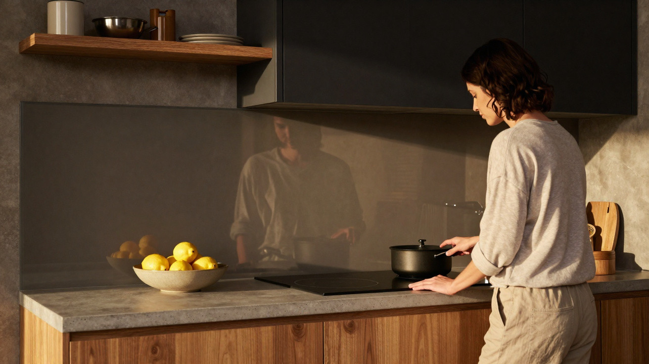 Mulher cozinhando em fogão de cozinha moderna com bancada de madeira e tigela de limões.