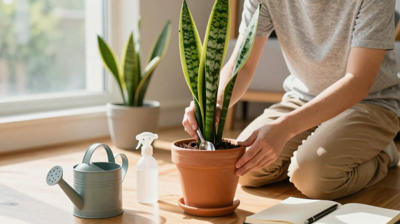 Pessoa cuidando de planta em vaso de barro com regador e borrifador ao lado em ambiente iluminado.