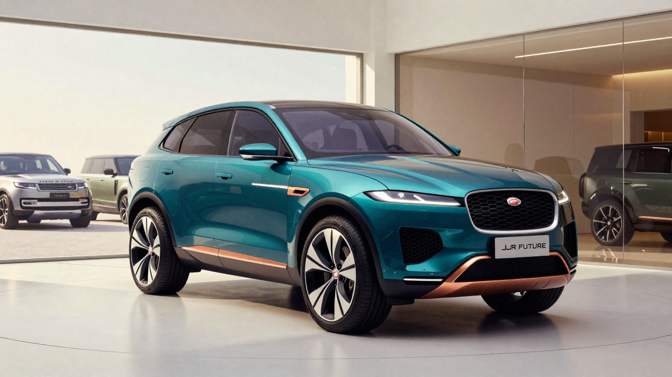 SUV elétrico Jaguar JLR Future verde com detalhes em cobre em showroom moderno.