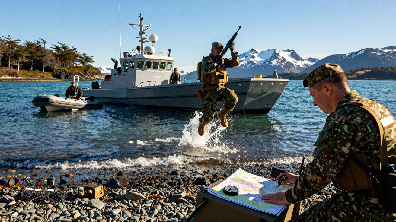 Soldados em uniforme camuflado desembarcando de barco em praia de pedras com montanhas nevadas ao fundo.