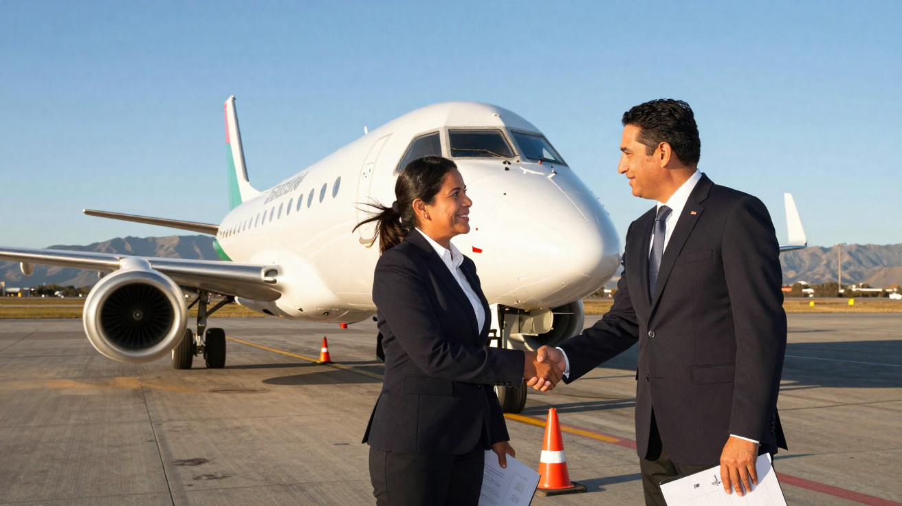 Dois pilotos em uniforme apertando as mãos na pista perto de um avião branco ao entardecer.