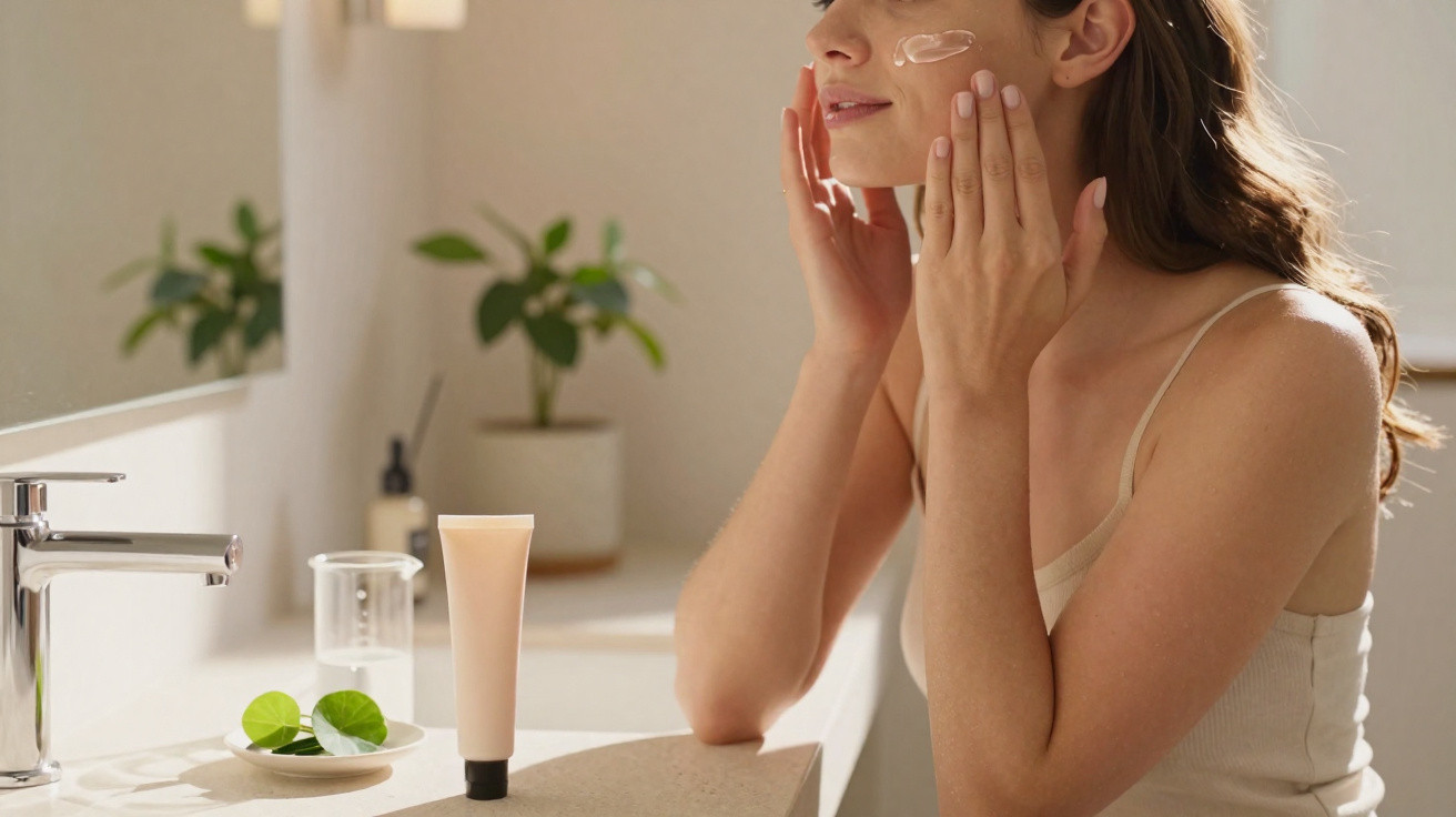 Mulher aplicando creme facial em frente ao espelho em banheiro iluminado e decorado com planta.