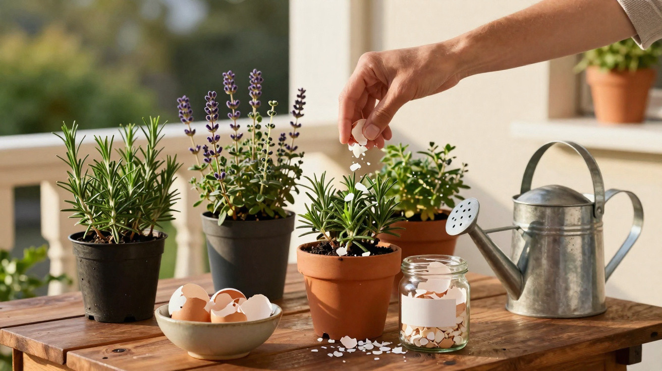 Mão espalhando cascas de ovo trituradas em vasos de plantas com regador ao lado em mesa de madeira.