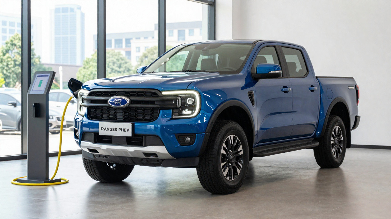 Picape azul Ford Ranger PHEV elétrica sendo carregada em estação interna.