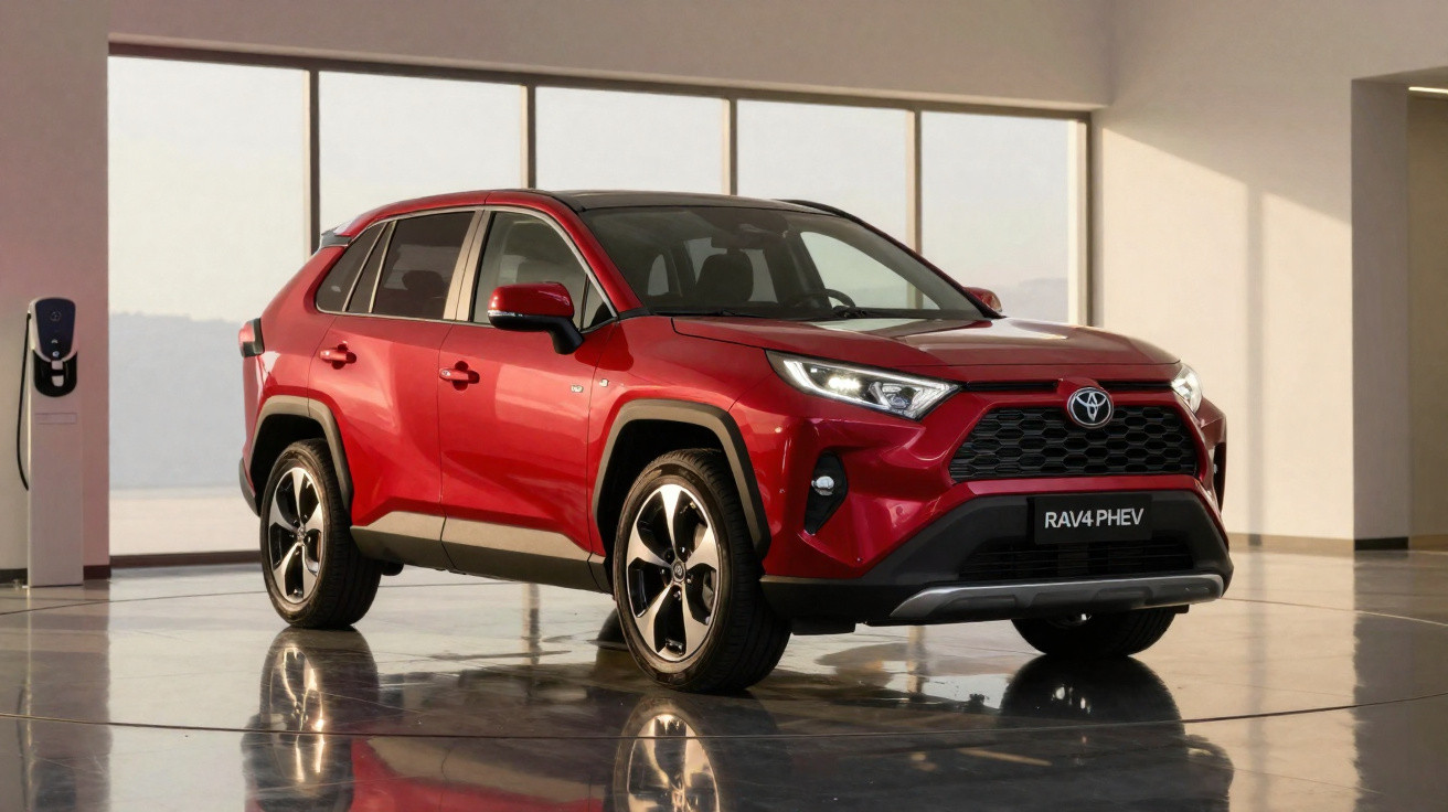 SUV Toyota RAV4 PHEV vermelho em ambiente interno com estação de recarga elétrica ao fundo.