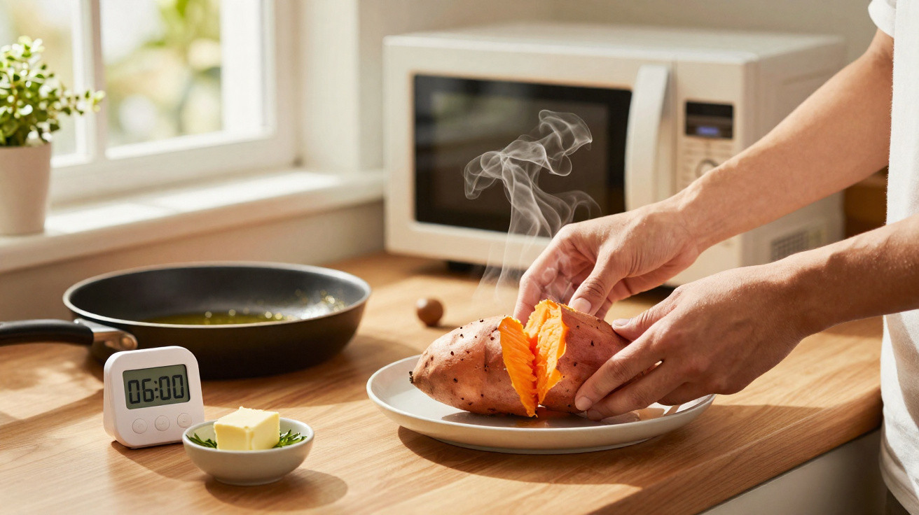 Mãos abrindo batata-doce quente e fumegante em prato, timer, frigideira e manteiga na bancada da cozinha.