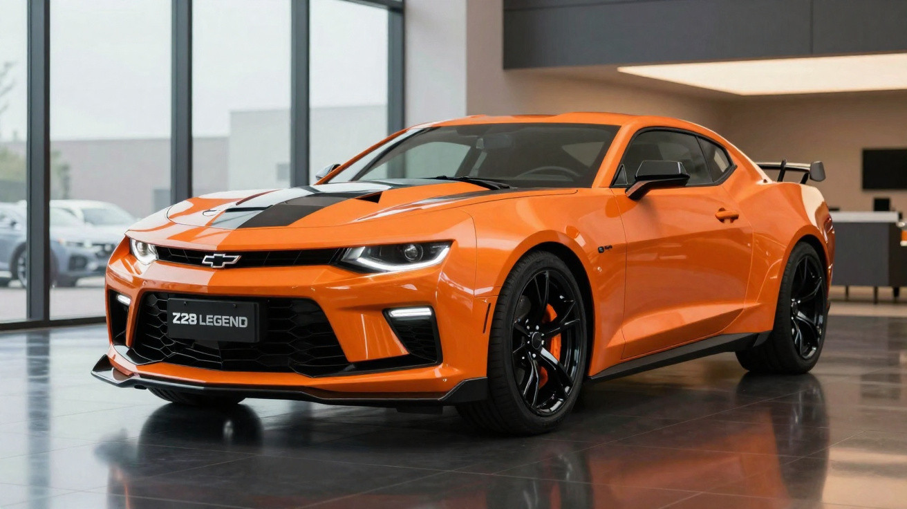Carro esportivo Chevrolet Camaro Z28 Legend laranja com faixa preta estacionado em showroom moderno.