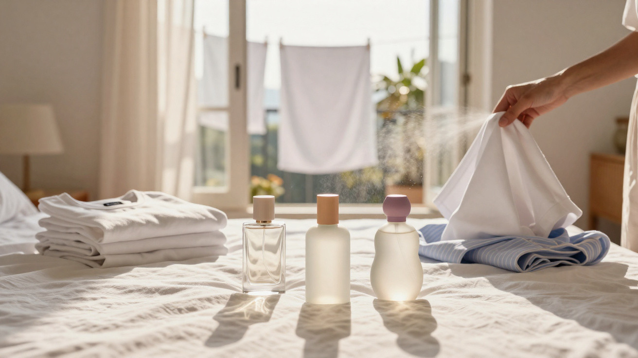 Três frascos de perfume sobre cama com roupas brancas dobradas e pessoa borrifando spray em tecido.