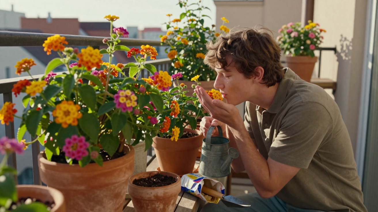 Jovem segurando regador e cheirando flores coloridas em vasos em varanda ensolarada.