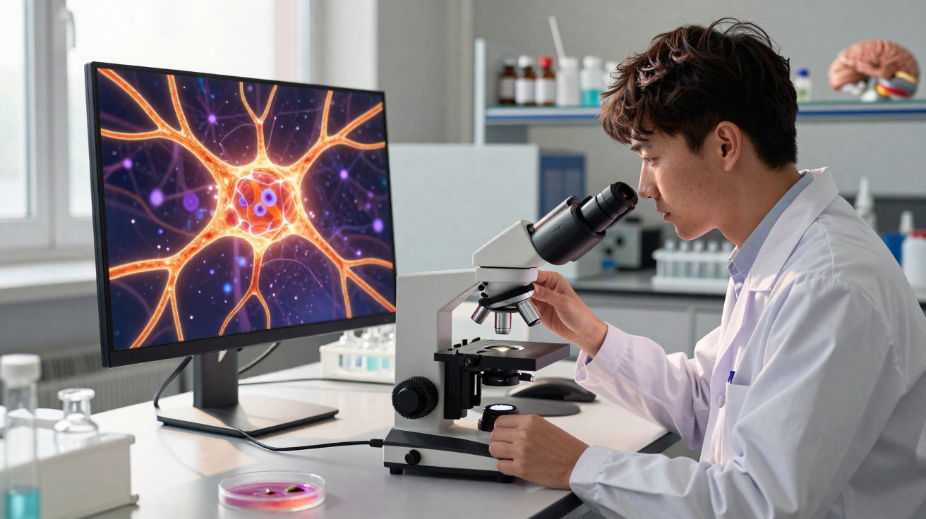 Pesquisador usando microscópio em laboratório, com imagem de neurônio exibida em monitor ao lado.