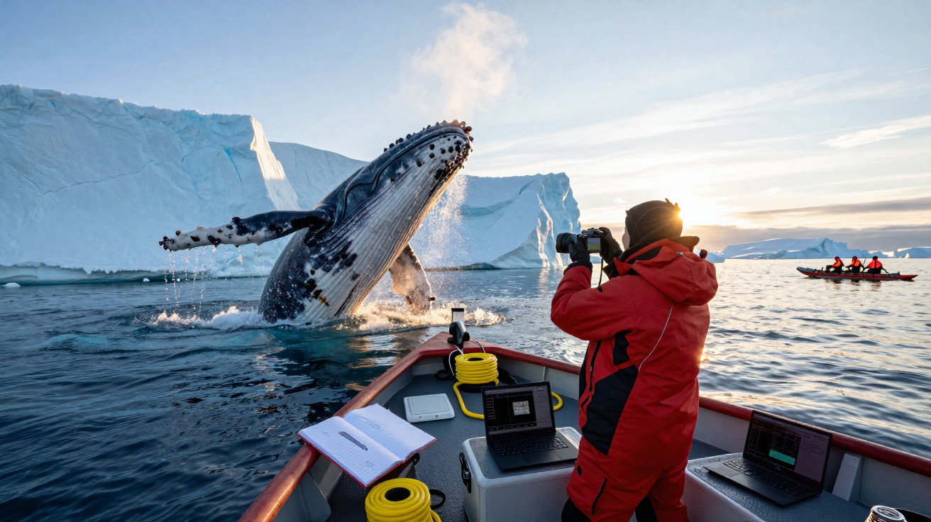 Pessoa com roupa vermelha fotografa baleia saltando perto de barco, com icebergues ao fundo no oceano gelado.