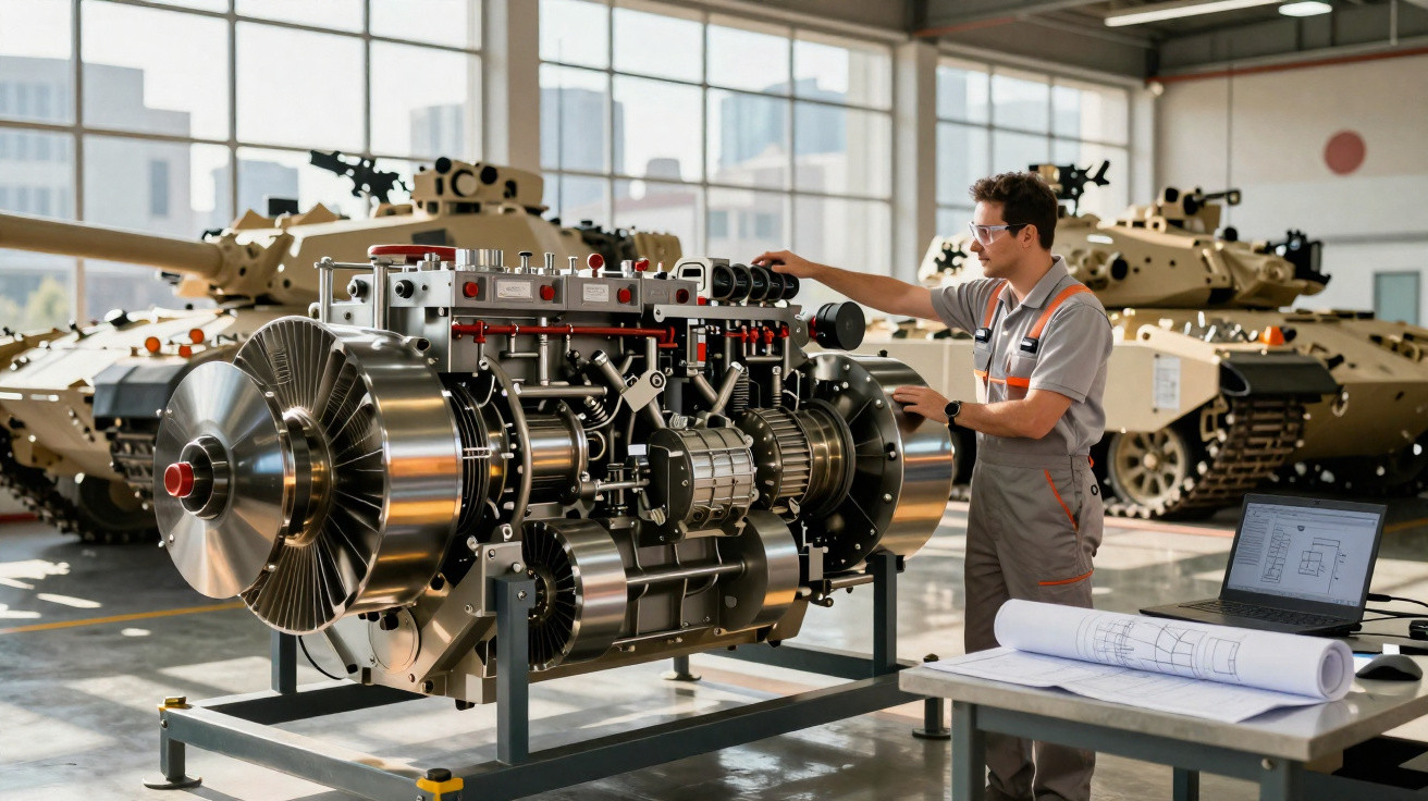 Engenheiro trabalhando em grande motor industrial em oficina com tanques militares ao fundo.