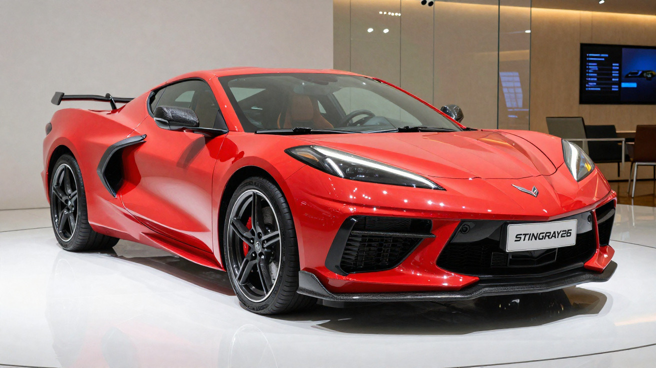 Carro esportivo vermelho Chevrolet Corvette Stingray 2026 exibido em salão automotivo.