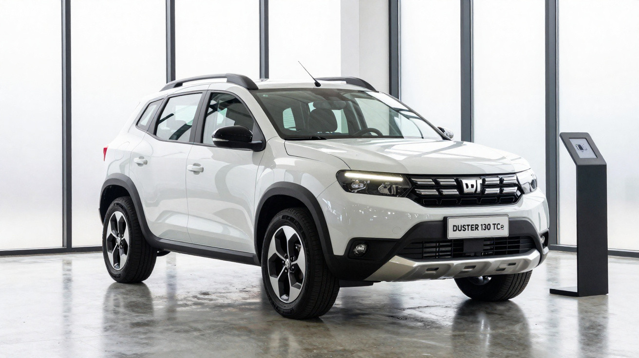 SUV branco Duster 130 TCe estacionado em showroom com piso cinza e parede branca.