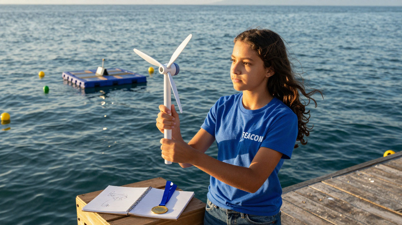 Garota segura modelo de turbina eólica à beira-mar com caderno e medalha sobre mesa de madeira.