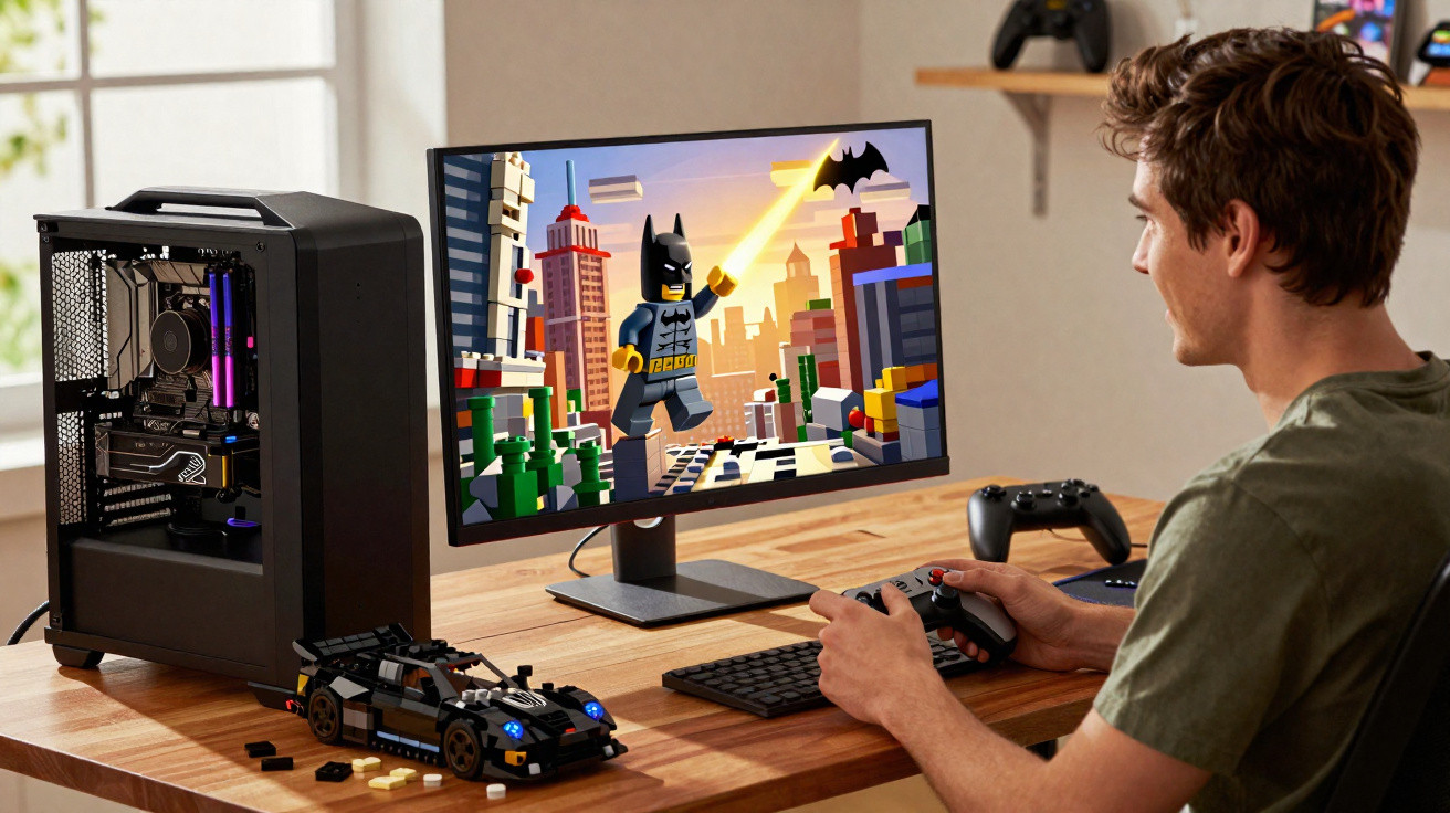 Jovem jogando videogame de Lego Batman em computador, com controle na mão e carro Lego na mesa.