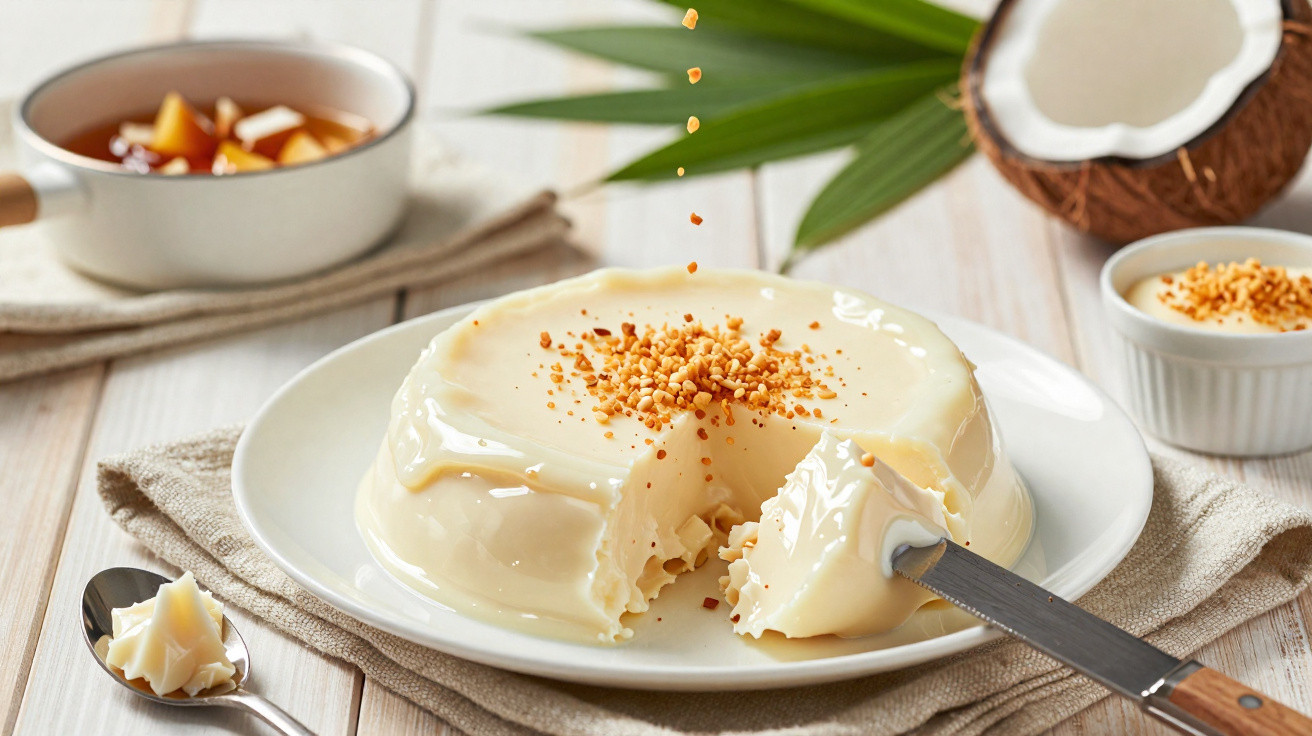 Pudim branco cremoso com castanhas trituradas por cima em prato branco, ao lado de coco e calda doce.