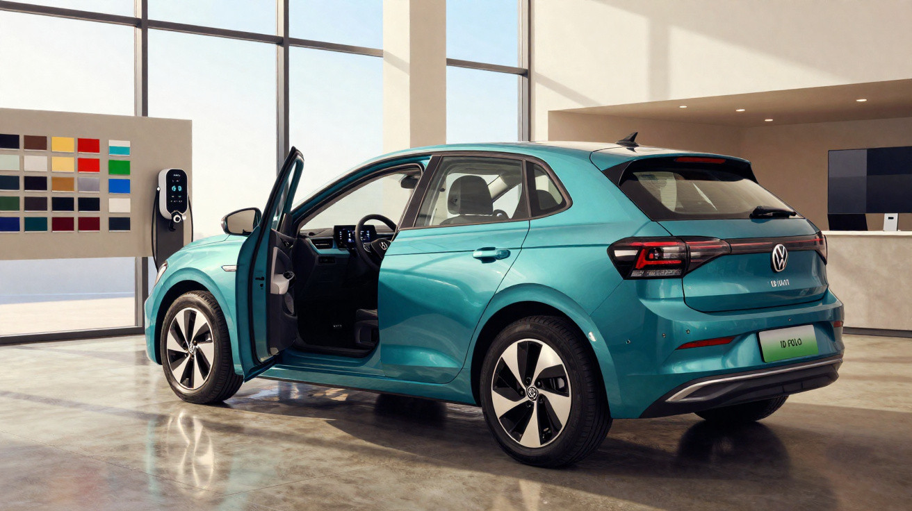 Carro elétrico Volkswagen ID.4 azul com porta dianteira aberta em showroom moderno e iluminado.