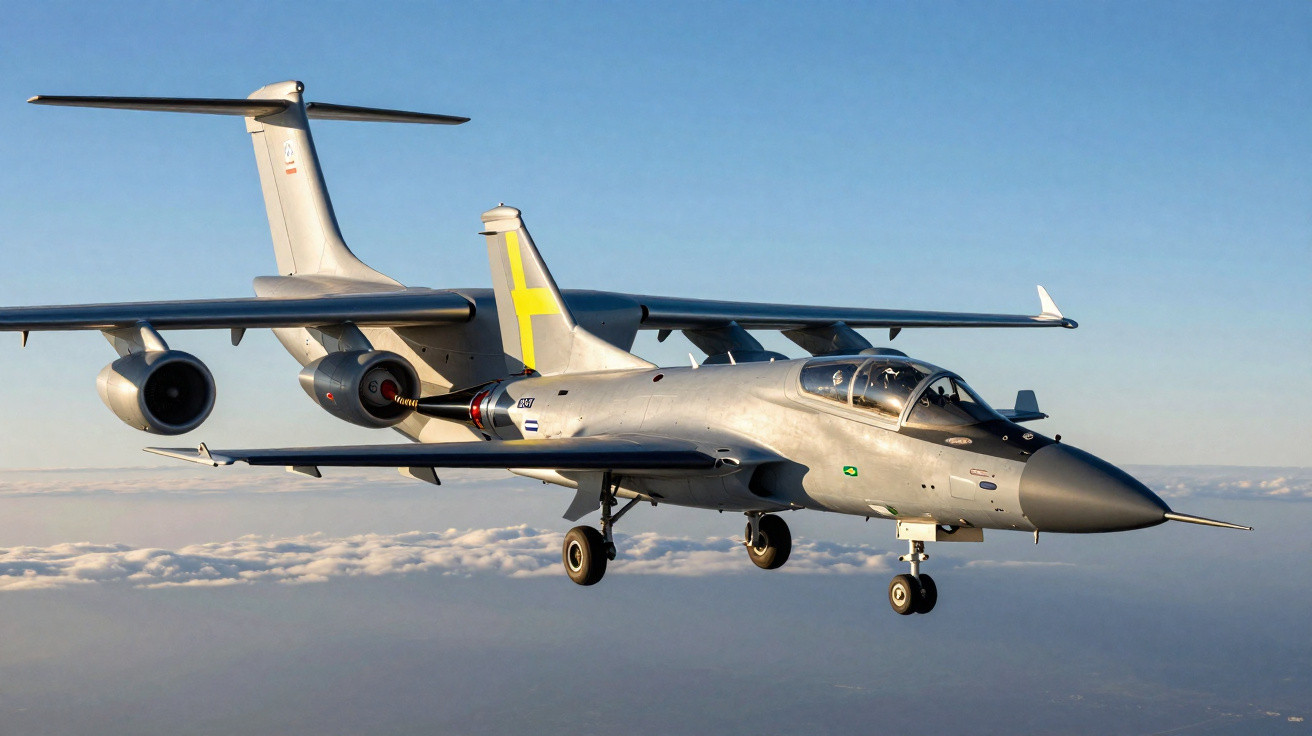 Avião de caça JAS 39 Gripen voando com céu azul e nuvens ao fundo.