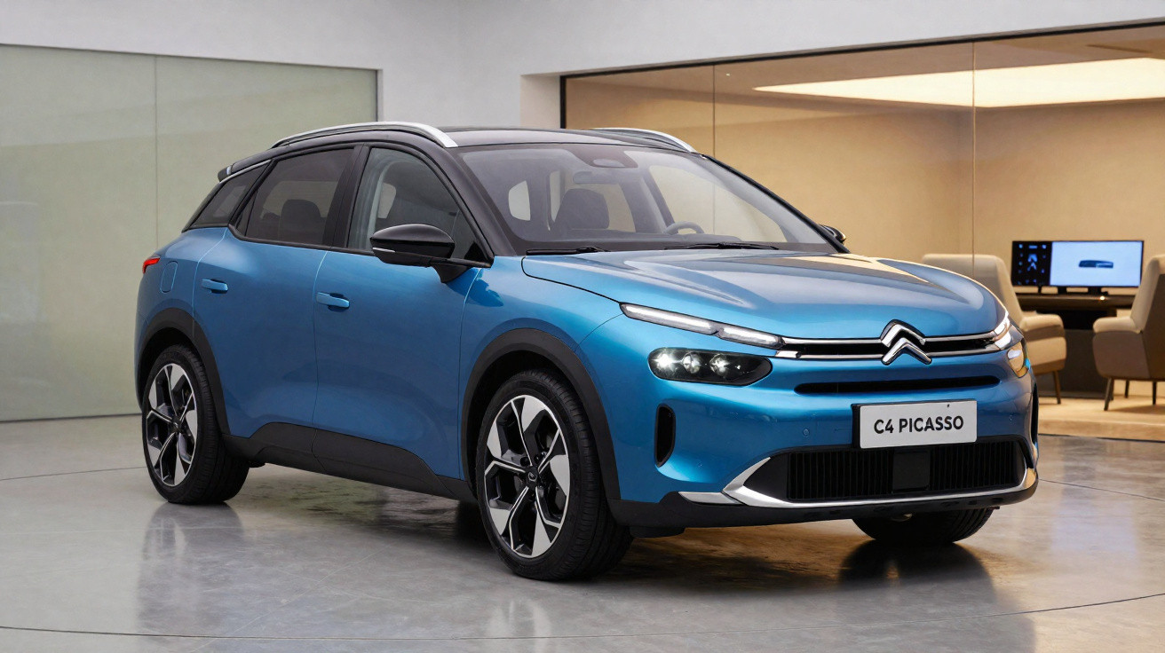Carro SUV Citroën C4 Picasso azul estacionado em ambiente interno com piso cinza e ambiente moderno ao fundo.