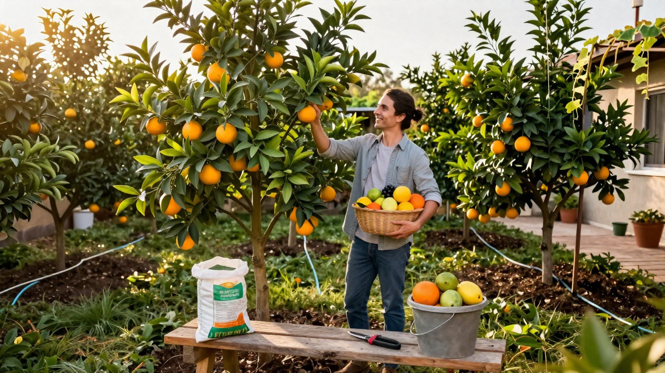 Homem colhendo frutas cítricas em pomar ensolarado, segurando cesta cheia de laranjas e limões.