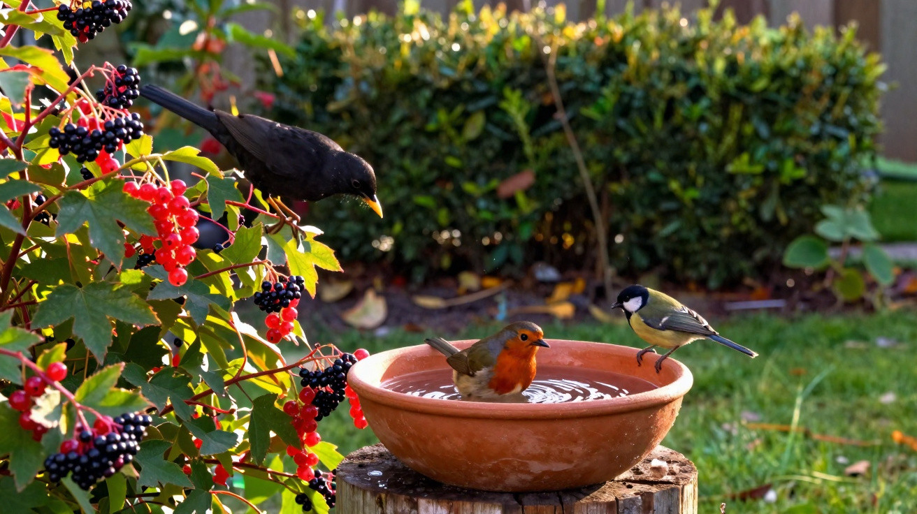 Três pássaros em um bebedouro de cerâmica em jardim com arbustos e bagas vermelhas e pretas ao redor.