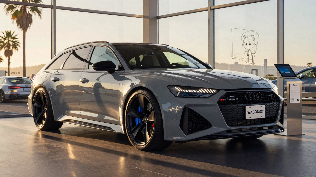 Carro esportivo Audi cinza estacionado dentro de showroom moderno com janelas grandes e luz natural.