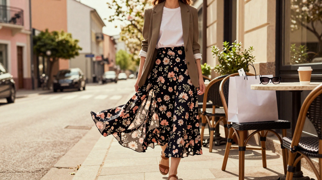 Mulher caminhando na calçada com saia floral, camiseta branca e blazer bege em dia ensolarado.