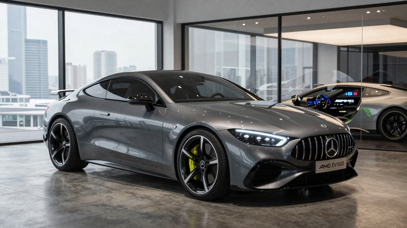 Carro esportivo cinza Mercedes-Benz AMG EV1000 exibido em showroom moderno com piso de concreto polido.