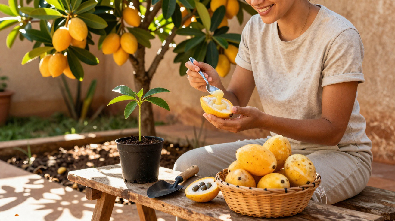 Pessoa sorridente sentada com mangas curtas, comendo fruta fresca amarela e cesta de frutos ao lado em banco de madeira.